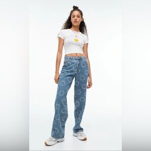 SMILEY H&M Sz 14 High Rise Blue Jeans with Smiley Print Wide Leg Distressed Hem